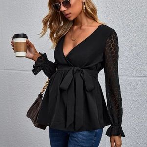 SHEIN Maternity Lace Panel Flounce Sleeve Blouse
